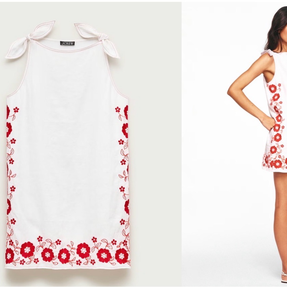 J. Crew White Mini Dress with Red Floral Embroidery